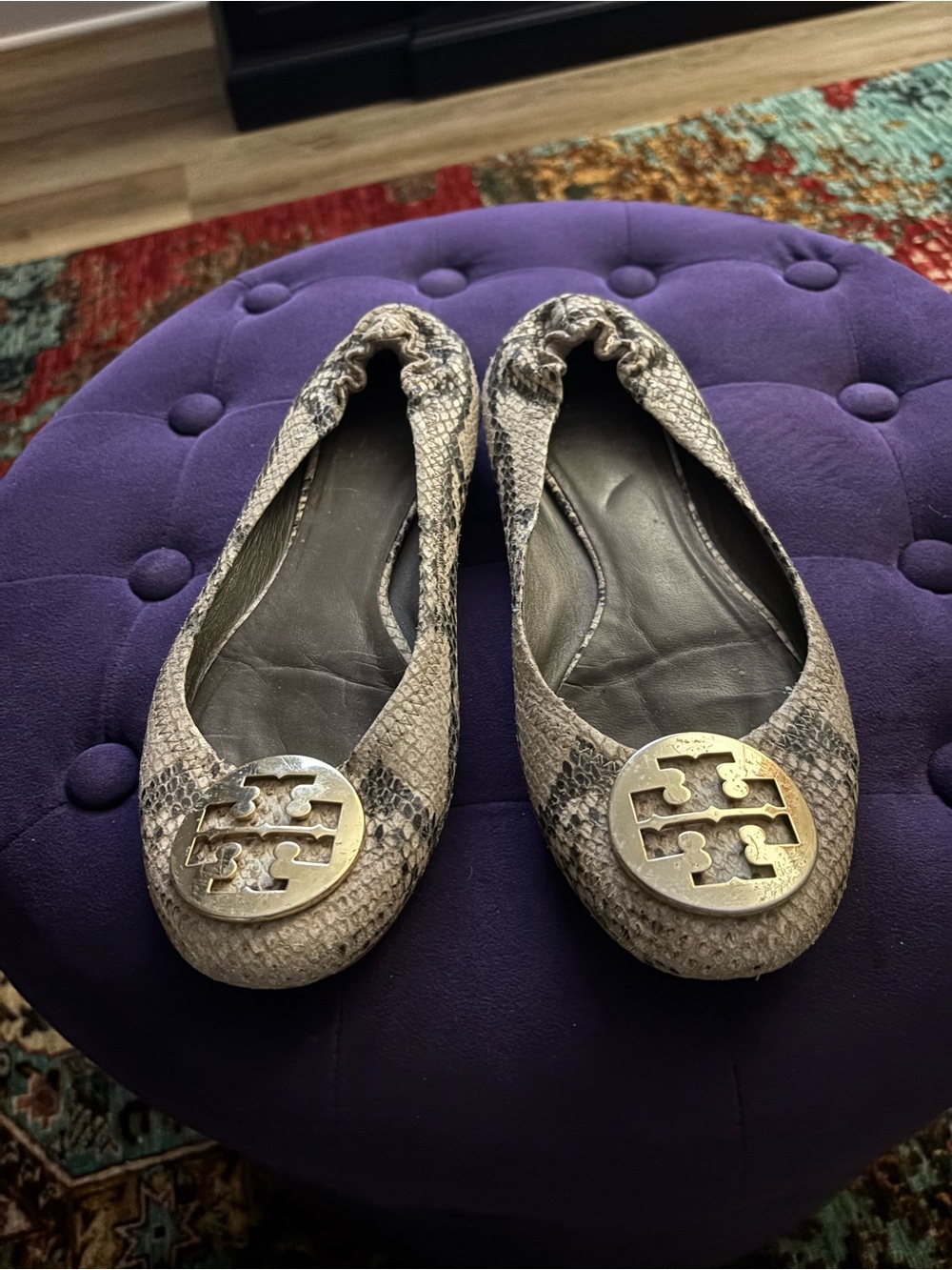 Tory Burch Snake-Print Ballet Flats in Taupe and Cream with Gold Logo